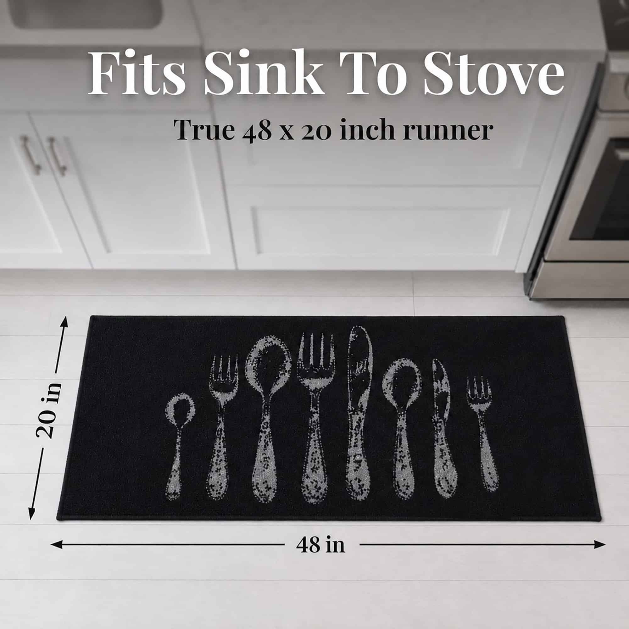 Black kitchen floor runner measuring forty eight by twenty inches, sized to fit from sink to stove, with arrows marking the length and width.