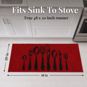 Red kitchen floor runner measuring forty eight by twenty inches, sized to fit from sink to stove, with arrows marking the length and width.