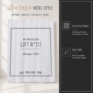 Feature overview of the polyester shower curtain in a hotel style black and white bathroom