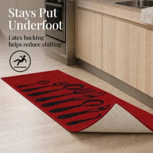 Corner of the red non slip set folded back to show the tan latex backing that helps reduce shifting on hard floors.
