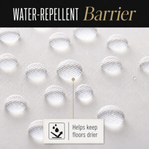 Close-up of the water resistant polyester fabric and black lettering on the shower curtain