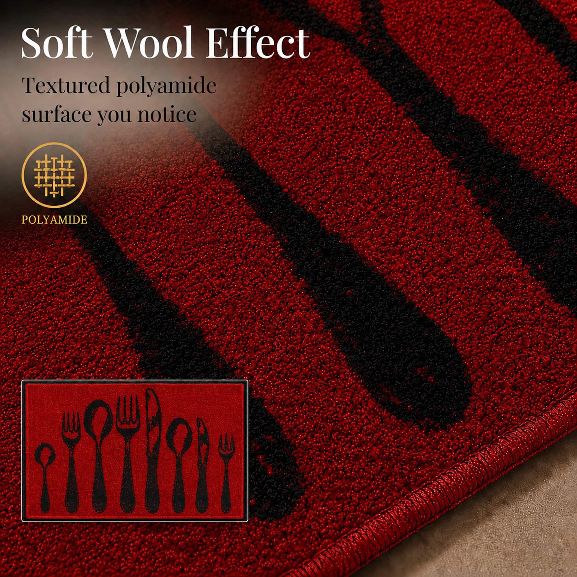 Macro close up of the red floor mat surface showing the textured polyamide pile with a soft wool effect and black cutlery design detail.