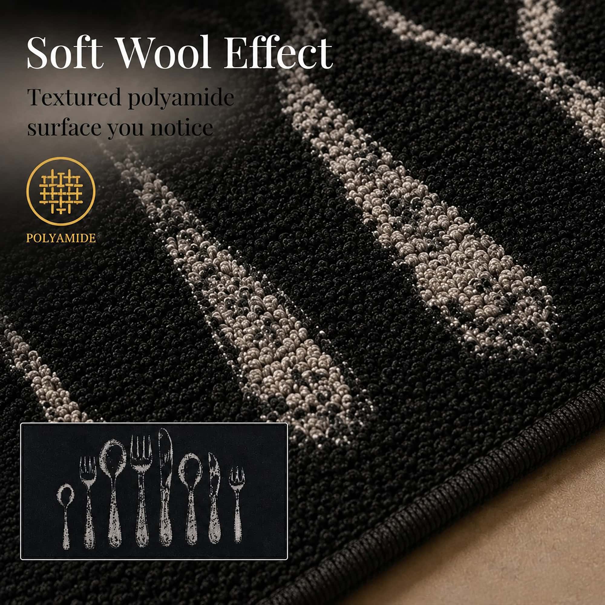 Macro close up of the black runner surface showing the textured polyamide pile with a soft wool effect and gray cutlery design detail.