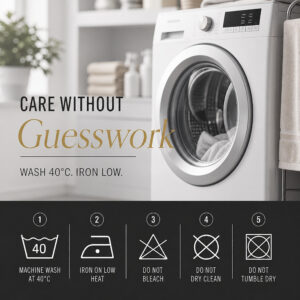 Care guide for the shower curtain: machine wash at 40 degrees, iron low, no bleach, no tumble dry