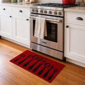 Red cutlery kitchen runner rug placed on a wood floor in front of a stainless steel range, styling the mat in a warm kitchen setting.