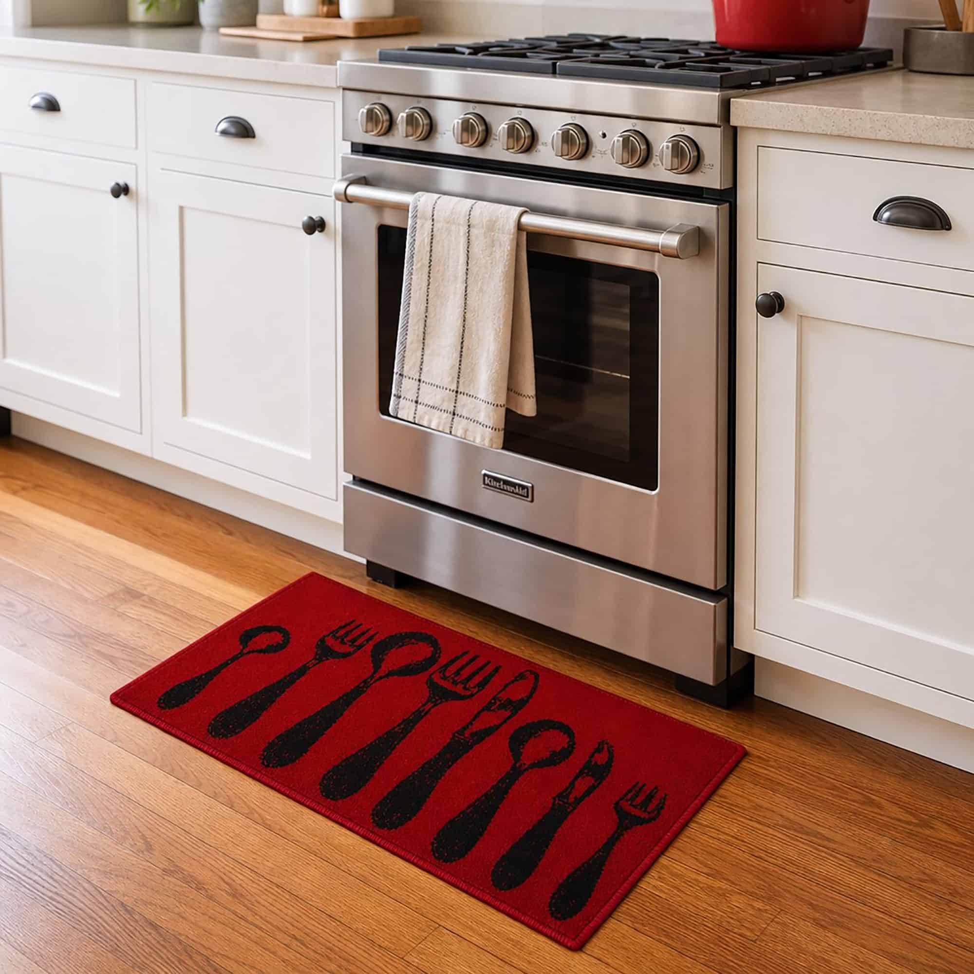Red cutlery kitchen runner rug placed on a wood floor in front of a stainless steel range, styling the mat in a warm kitchen setting.