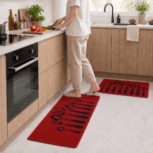 Red mat and runner set placed together along white cabinets in a bright kitchen, styling both pieces of the two piece set in a real setting.