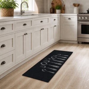 Long black cutlery runner rug placed along white cabinets in a bright kitchen, styling the forty eight inch runner in a real setting.