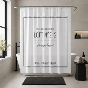 Paris New York Roma lettering on the LOFT 212 shower curtain beside a freestanding tub
