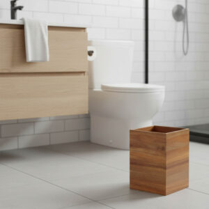 Acacia wood waste basket placed on bathroom floor near toilet and vanity