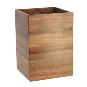 A rectangular wooden waste basket made from acacia wood with a smooth finish.