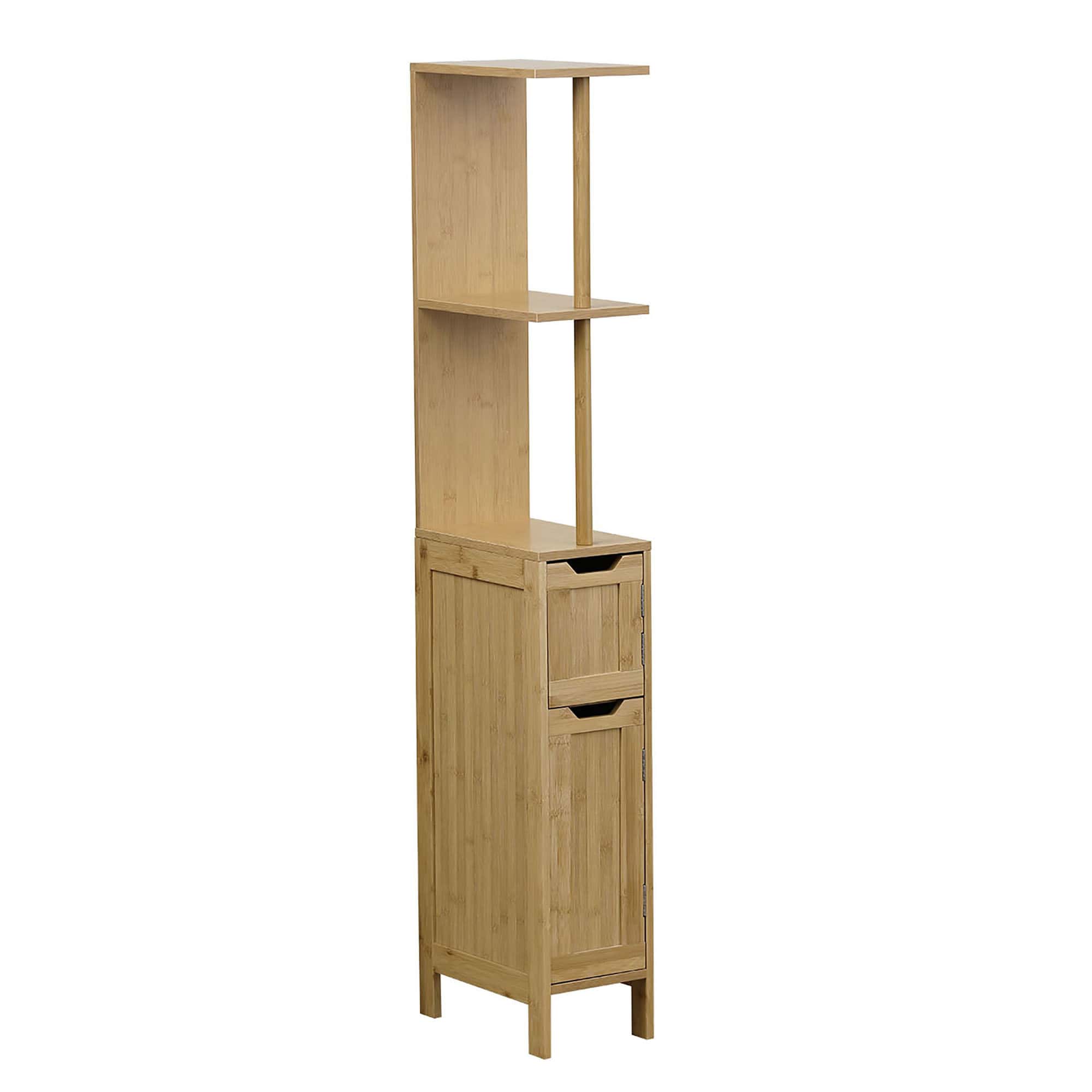 Slim Bamboo Bathroom Cabinet with Open and Closed Storage Space – A slim bamboo bathroom cabinet featuring an open shelf and a closed storage compartment with two doors, providing a compact and natural storage solution for bathroom essentials.