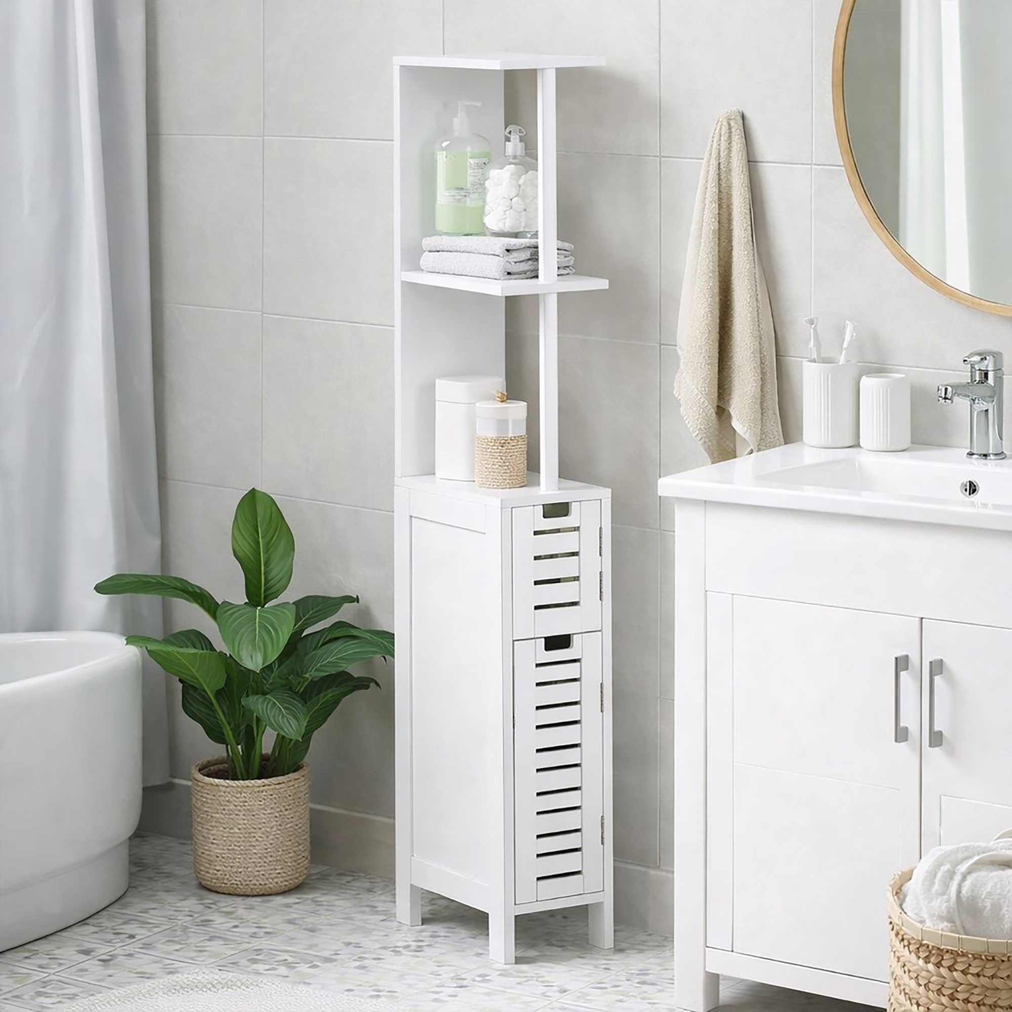 "White tall narrow bathroom storage cabinet with two open shelves and louvered drawers in a light bathroom"