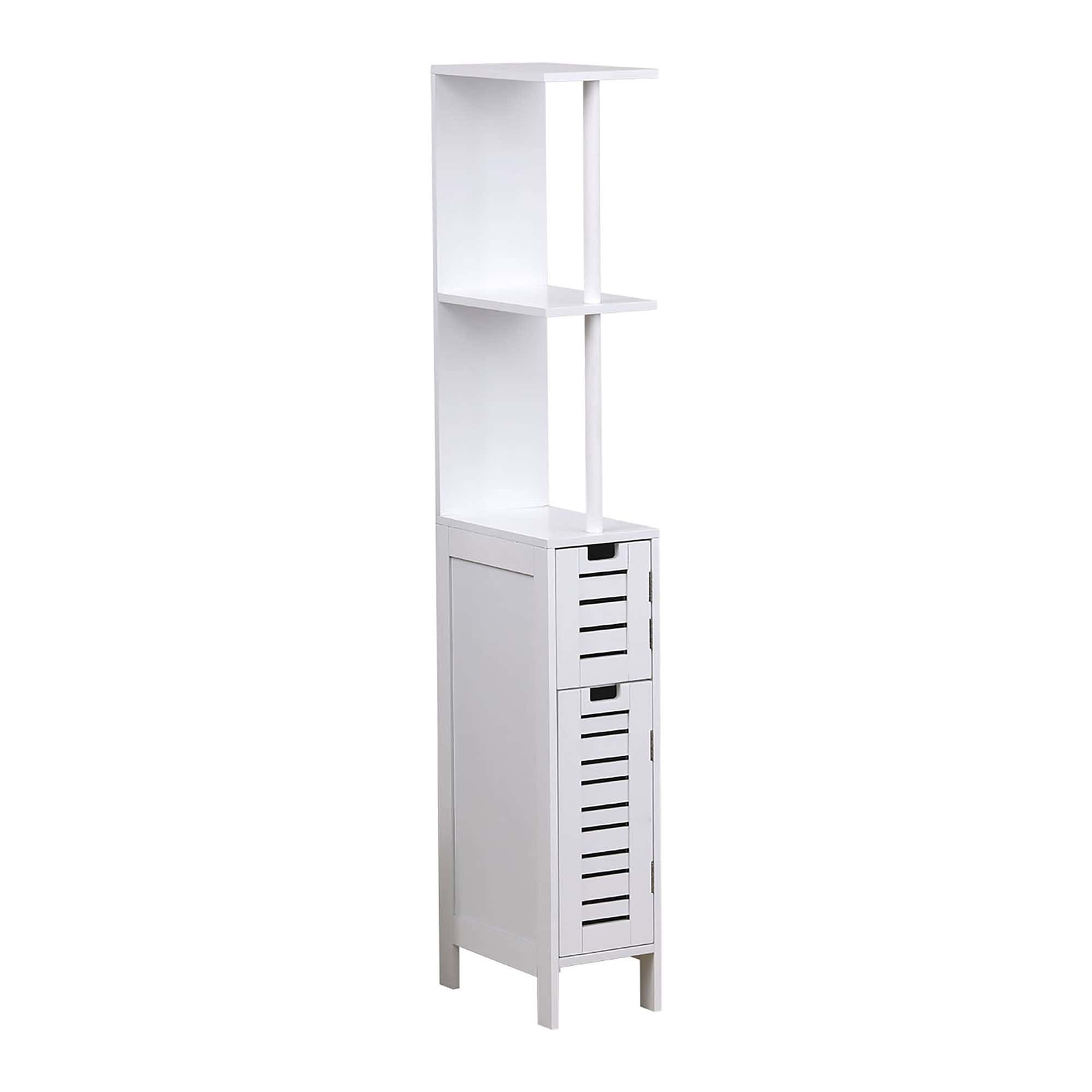 Freestanding cabinet with open shelves and vented doors in sleek white design, featuring cut-out handles and a tall structure for vertical storage.