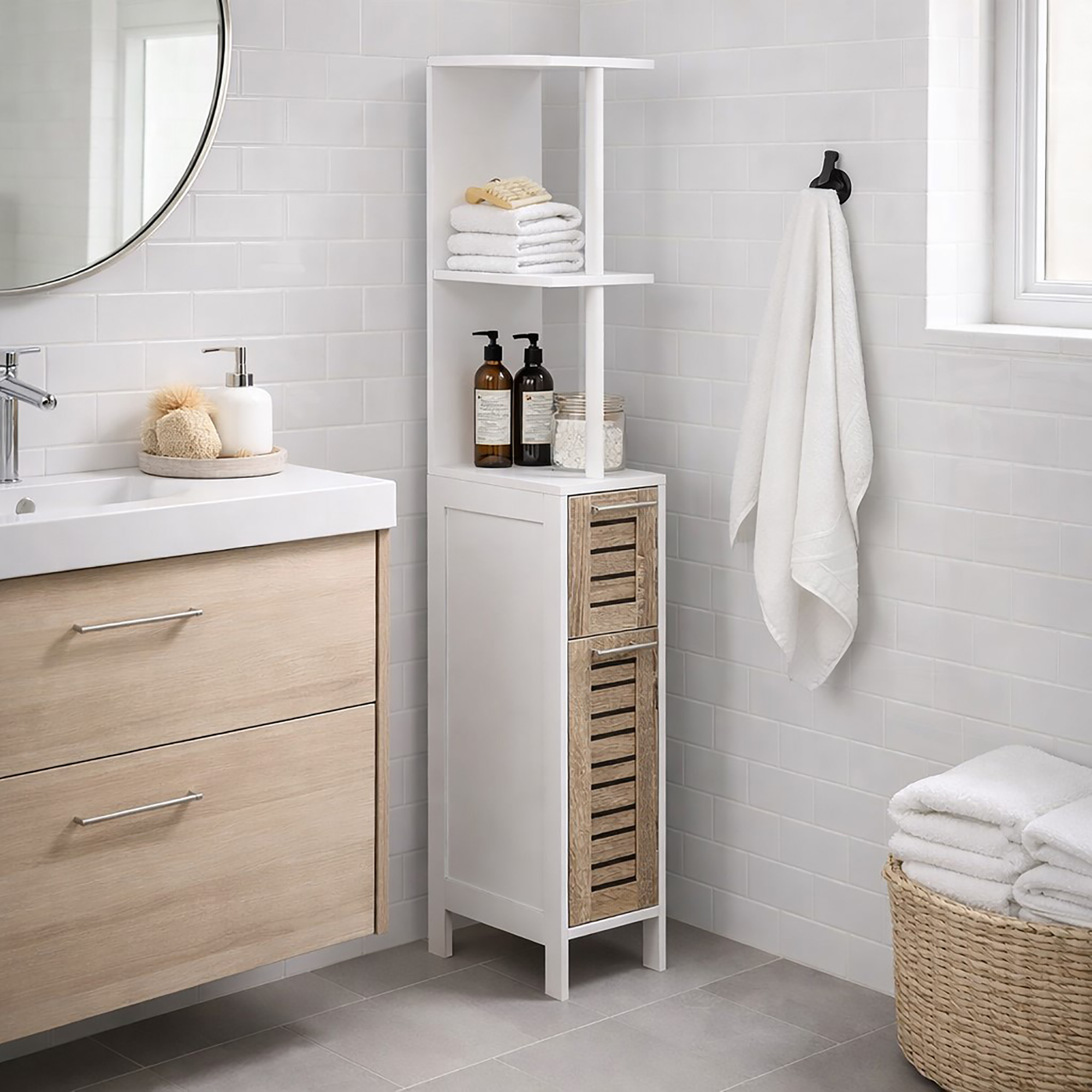 "Tall white bathroom cabinet with two open shelves and two natural wood louvered drawers, styled next to a sink"