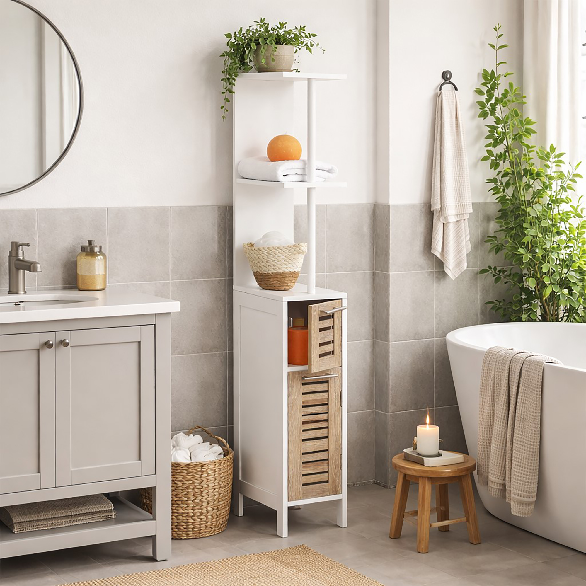 "Slim white and natural wood bathroom storage tower with open shelves and two louvered drawers in a neutral bathroom"
