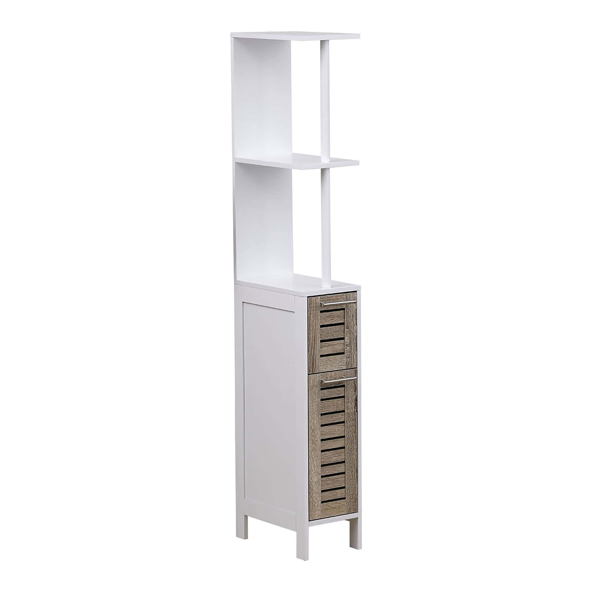 Side view of the slim bathroom cabinet with elegant design: A compact, white bathroom cabinet featuring two vented doors with wood-like accents and stainless steel handles, showcasing its modern and functional design.