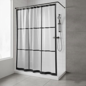 Transparent shower curtain with black window grid in modern shower
