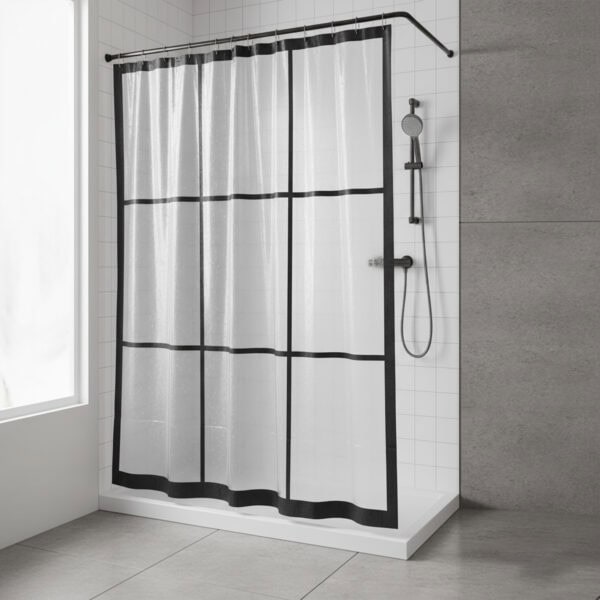 Transparent shower curtain with black window grid in modern shower