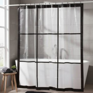 Clear PEVA shower curtain with black frame hanging in front of bathtub