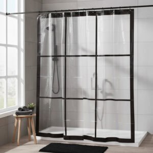 Black-trim transparent shower curtain in bright bathroom with walk-in shower