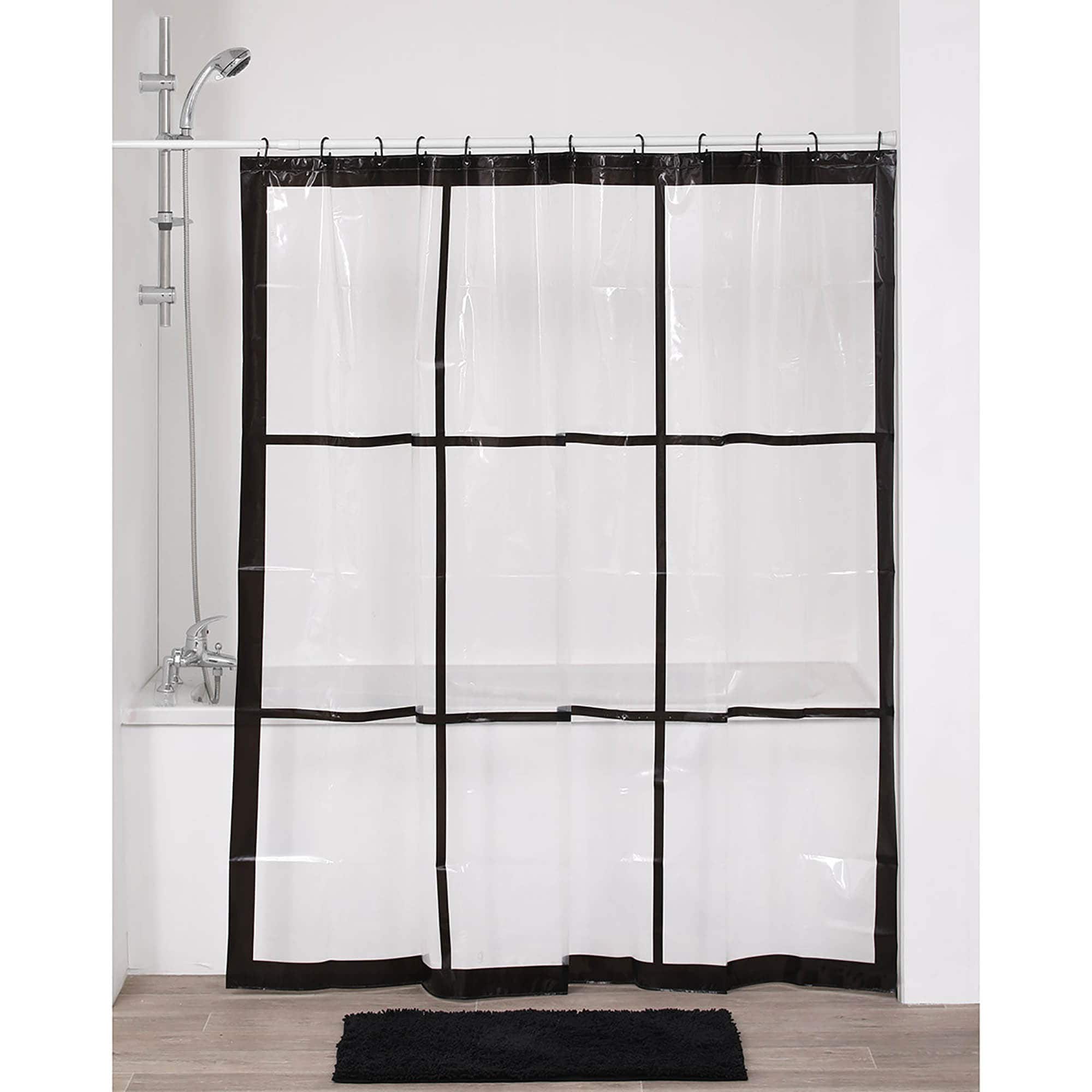 clear PEVA shower curtain with black window motif