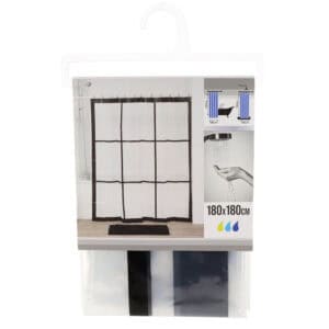 Retail packaging of transparent black-trim shower curtain 180x180 cm