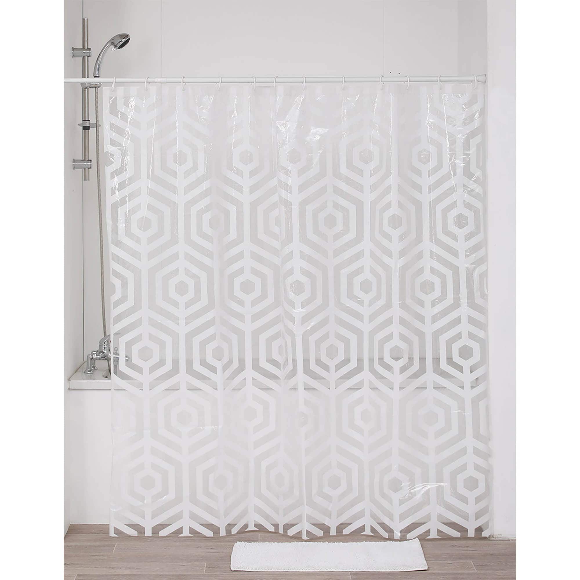 clear PEVA shower curtain with white hexagon motif