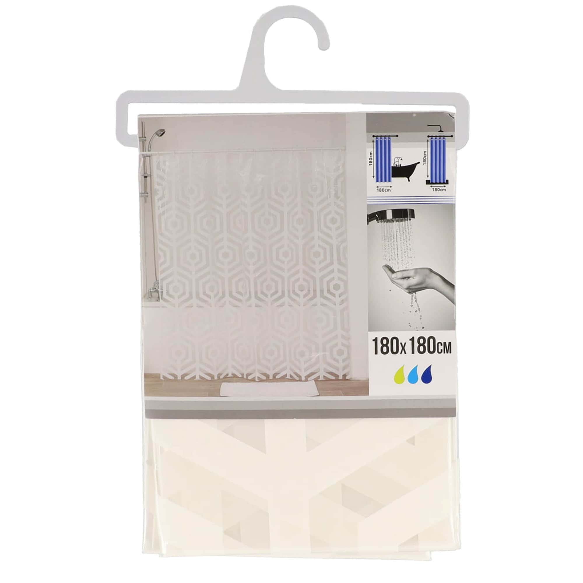 Retail packaging of transparent white hexagon shower curtain 180x180 cm