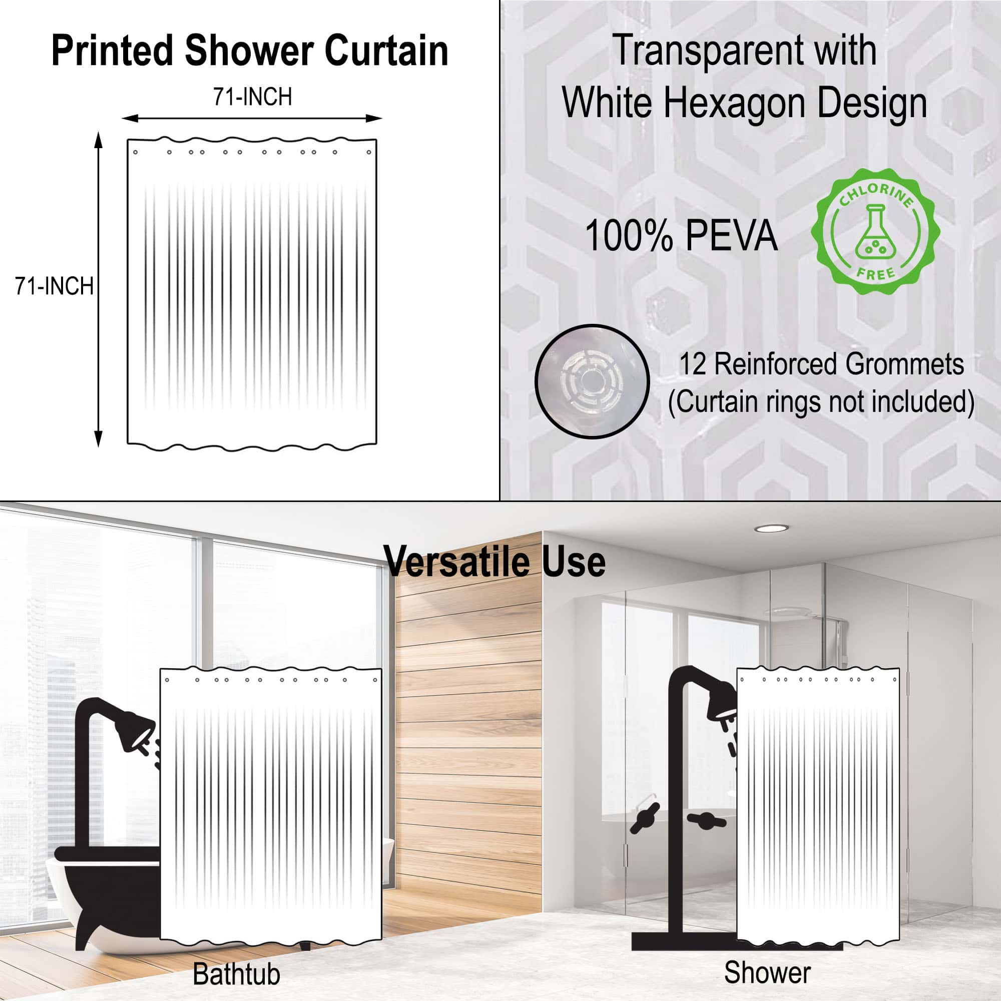 Shower curtain diagram and hexagon design feature details