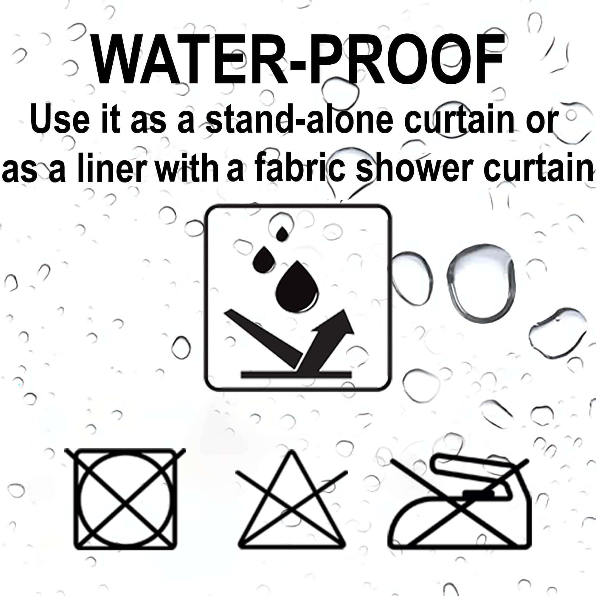 Waterproof PEVA shower curtain care symbols and water-resistant graphic