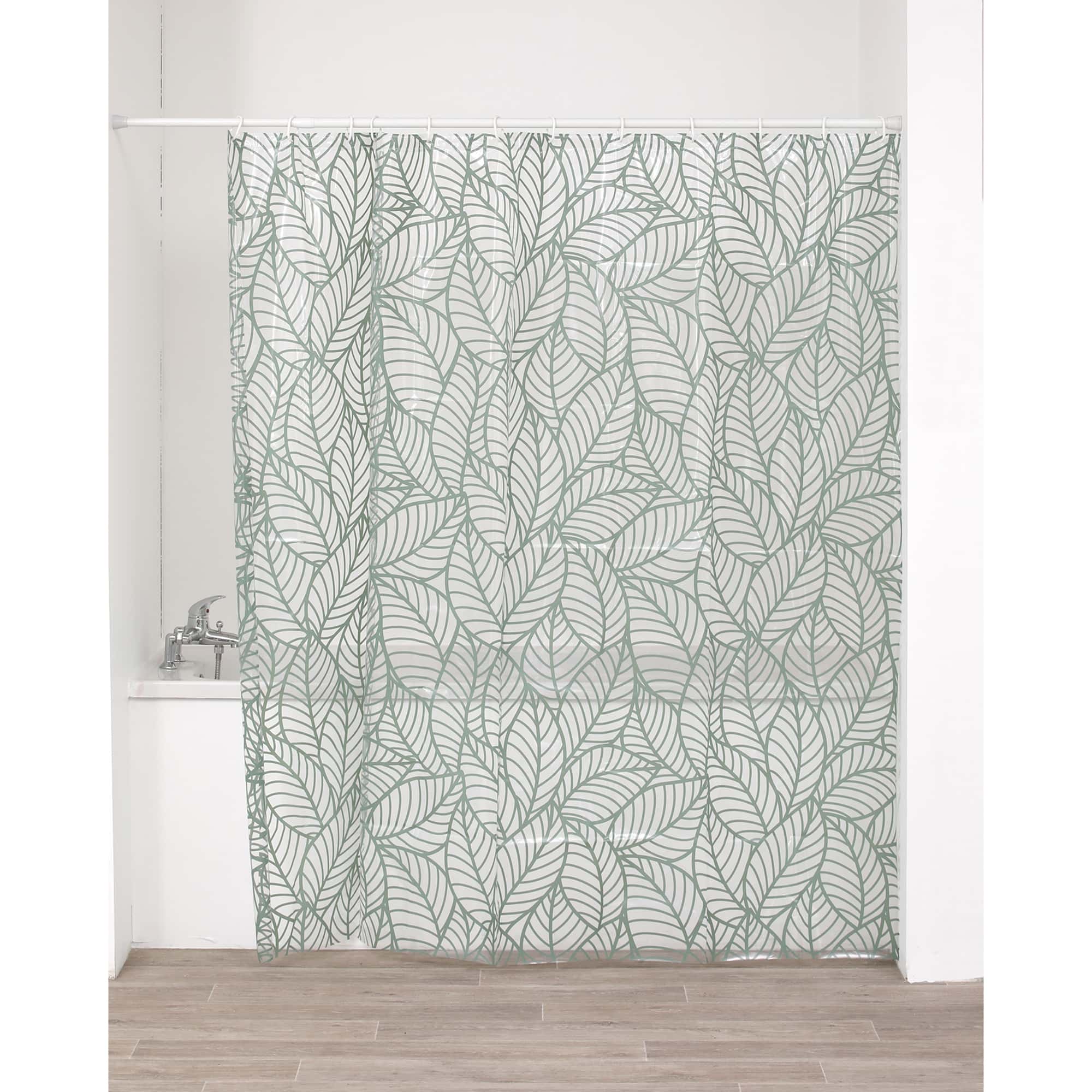 clear PEVA shower curtain with green leaf motif
