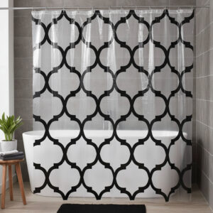 Transparent shower curtain with black arabesque pattern over bathtub