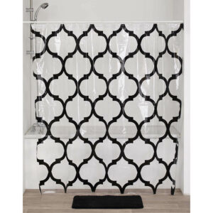 clear PEVA shower curtain with black arabesque motif