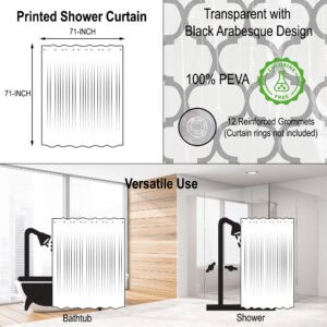 Shower curtain diagram and black arabesque design feature details