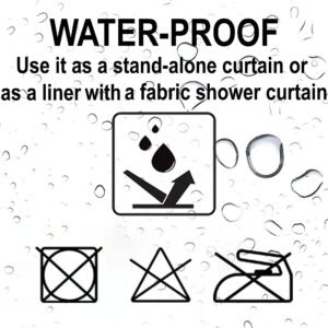 Waterproof PEVA shower curtain care icons and water-resistant graphic