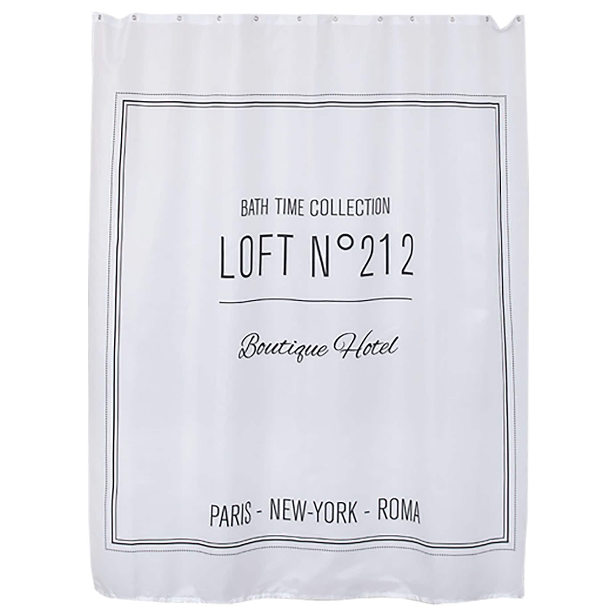 extra-long white shower curtain with black writing