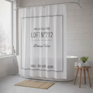 Loft N°212 printed shower curtain hanging over bathtub