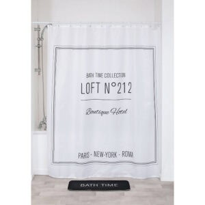 White printed hotel-style shower curtain in minimalist bathroom