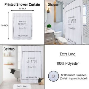 Shower curtain size diagram and Loft N°212 design shown in shower