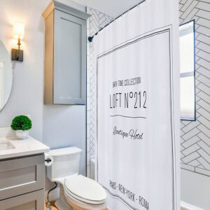 Loft N°212 printed shower curtain displayed in modern bathroom