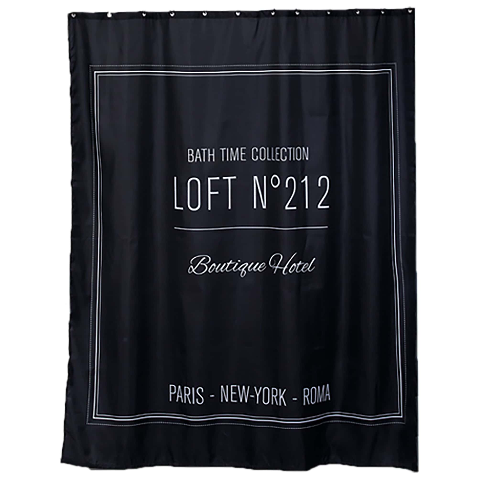 extra-long black shower curtain with white writing