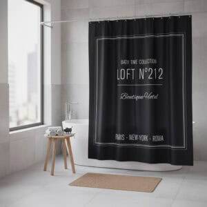 Loft N°212 black printed shower curtain hanging over bathtub