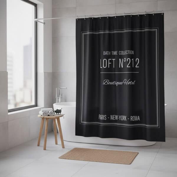 Loft N°212 black printed shower curtain hanging over bathtub