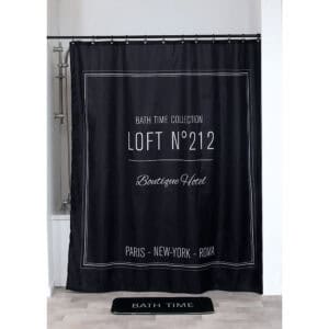 Black hotel-style printed shower curtain in minimalist bathroom
