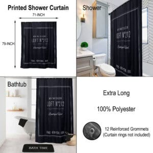 Shower curtain size diagram and Loft N°212 black design shown in shower