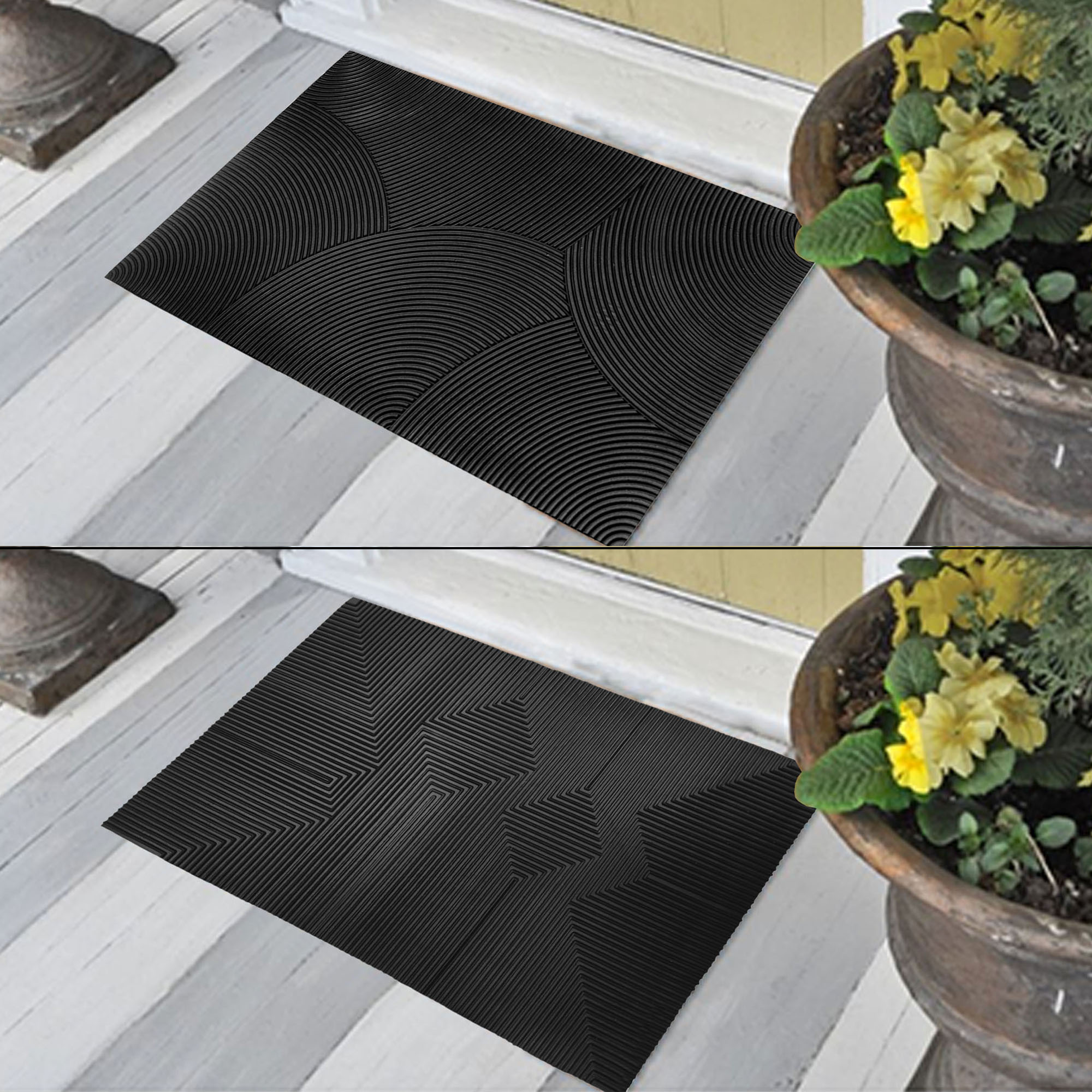 Black rubber door mat placed at front door entrance on wooden porch