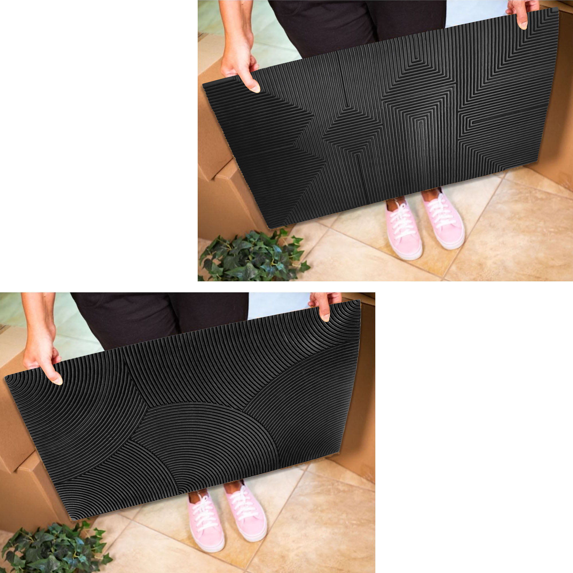 Person holding flexible black rubber mat to show thickness and durability