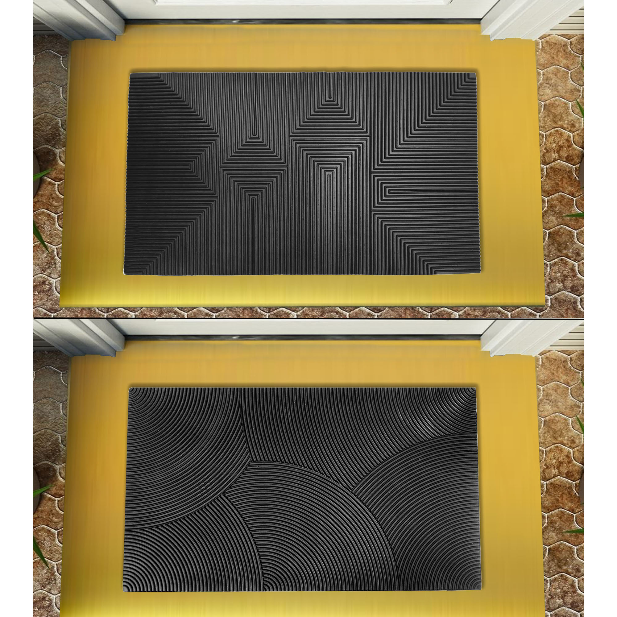 Top-down view of reversible black door mat displaying both usable sides