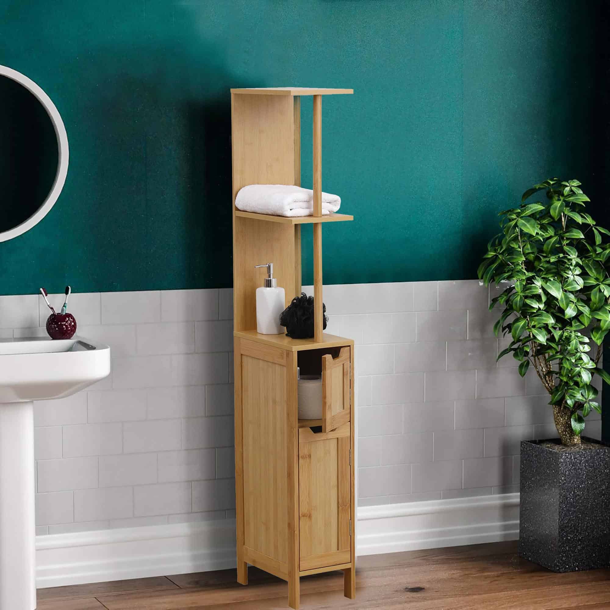 Bamboo Cabinet for Bathroom with Open Shelves Setup – Bamboo cabinet in a bathroom setup with open shelves displaying towels and toiletries, showcasing its versatility and easy access design in a cozy, minimalist space.